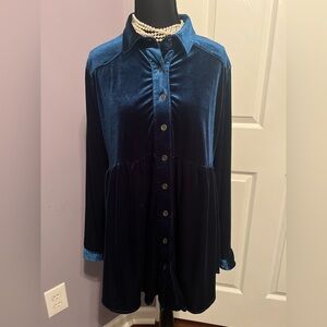 Umgee Teal Velvet Button-Up Babydoll Style Top Shirt M